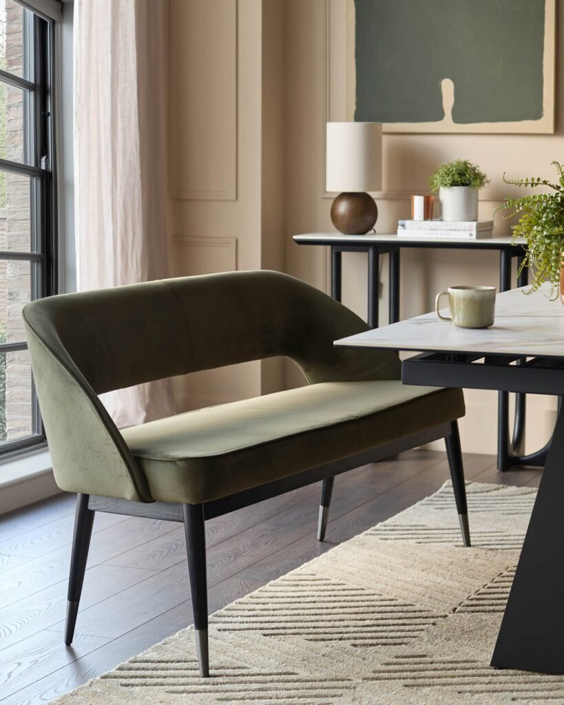 Dusk Scotland Clover olive green velvet dining bench with backrest Front