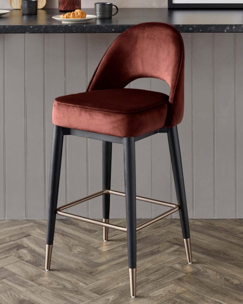 Clover toffee red velvet bar stool – Dusk England Front