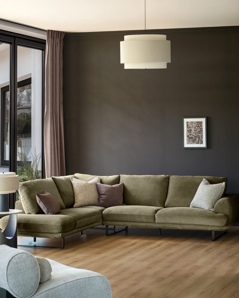 Dusk England Colette olive green chenille left hand corner chaise sofa Front