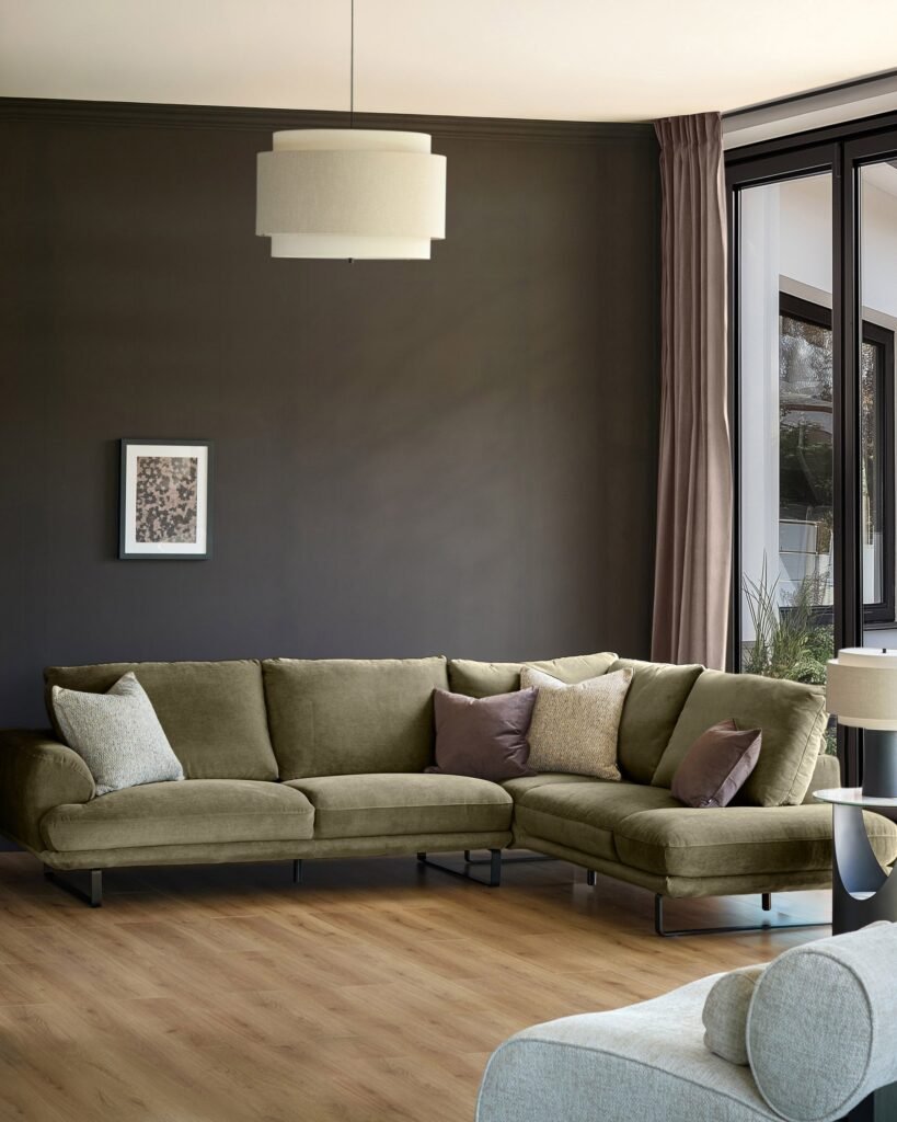 Colette olive green chenille Dusk England right hand corner chaise sofa Front