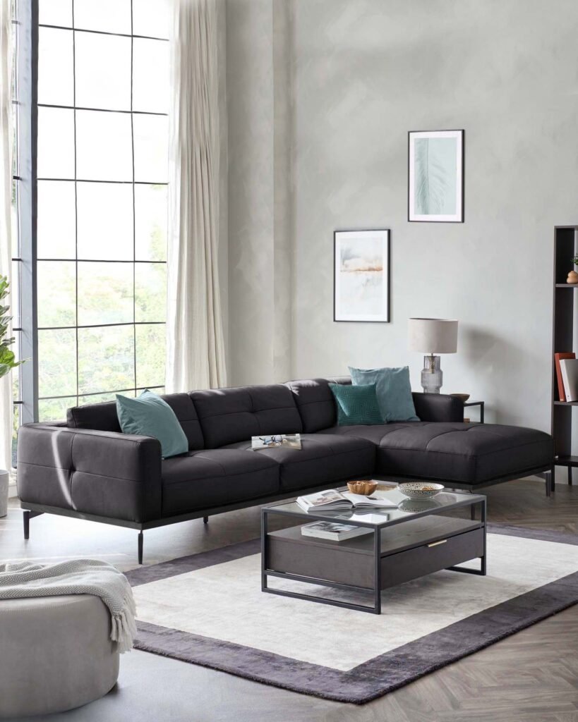 Colton black leather right hand corner chaise sofa – Dusk Front