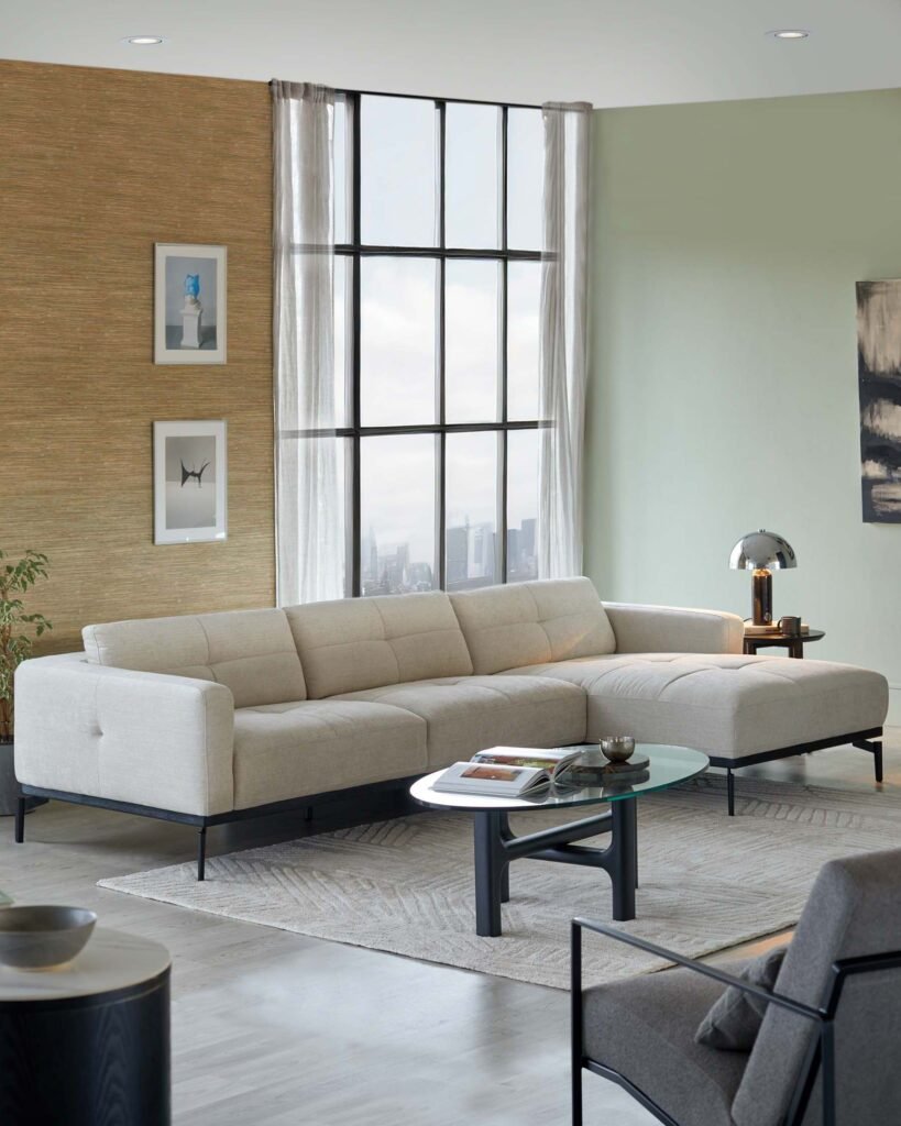 Colton Right Hand Corner Chaise Ivory Woven Chenille – Dusk England Front
