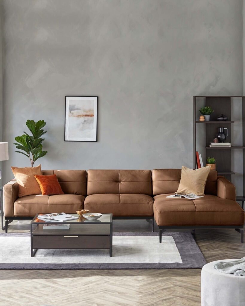 Dusk Colton tan leather right hand corner chaise sofa Front