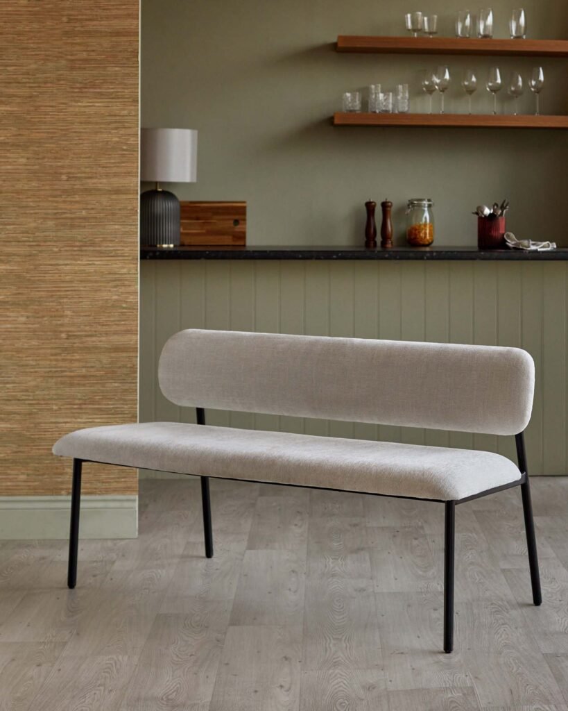Cree cream chenille 3 seater dining bench – Dusk Front
