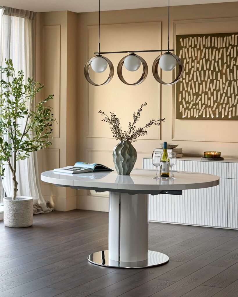 Curva White Gloss Round Extending 4 To 6 Seater Dining Table – Dusk Scotland Front