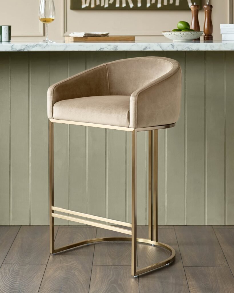 Dakota Champagne Velvet Dusk Scotland & Brass Bar stool Front