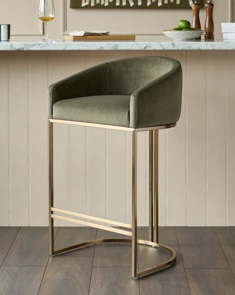 Dakota olive green velvet bar stool – Dusk England Front