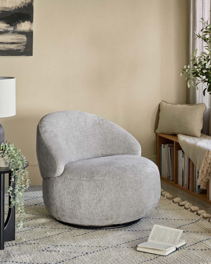 Daphne light grey weave swivel accent chair – Dusk Front