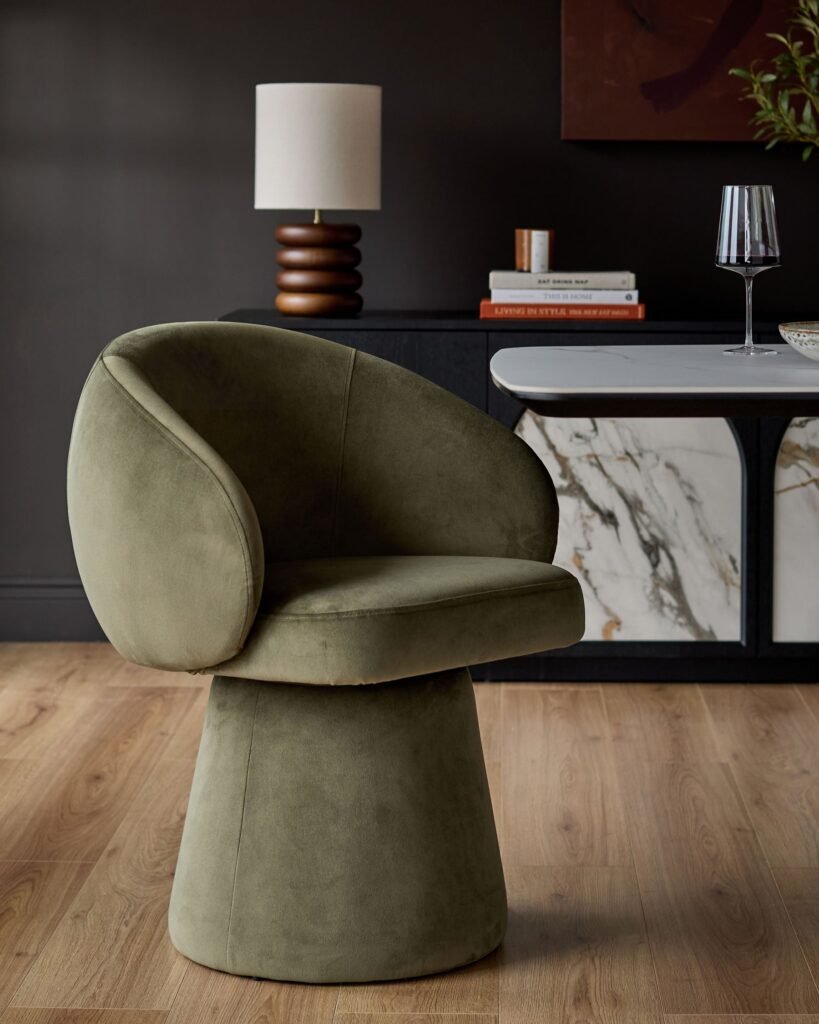 Darcy olive green Dusk velvet swivel chair Front