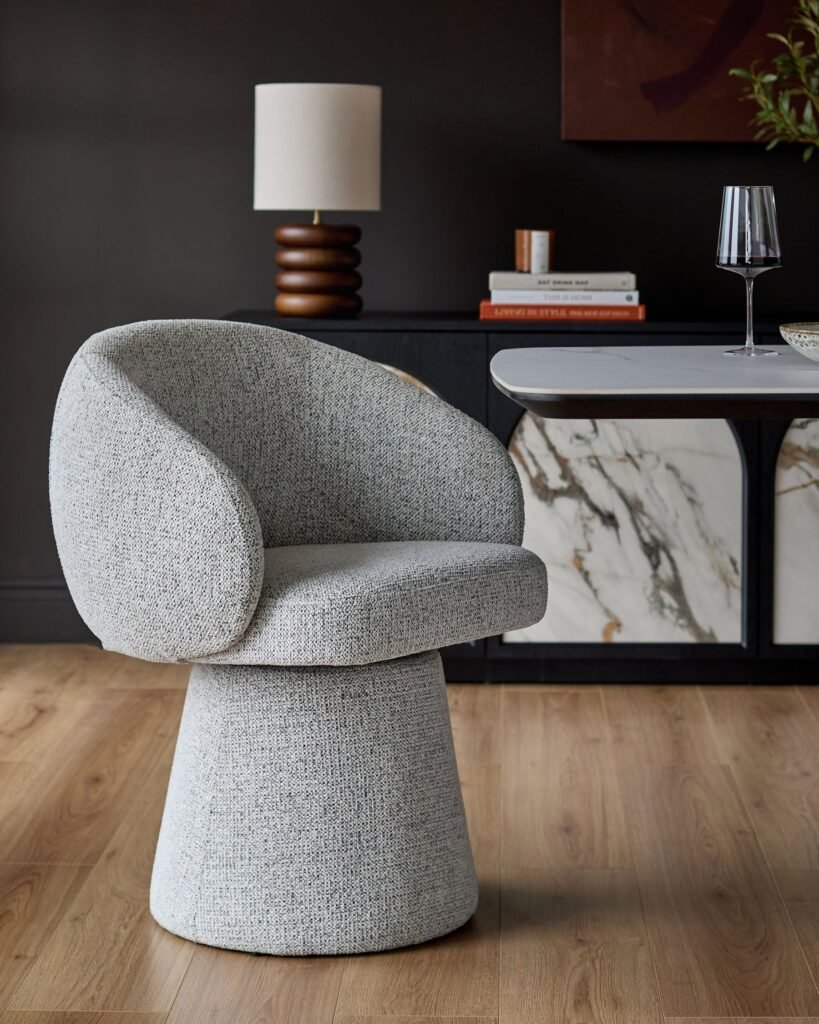 Darcy grey chenille swivel chair – Dusk England Front