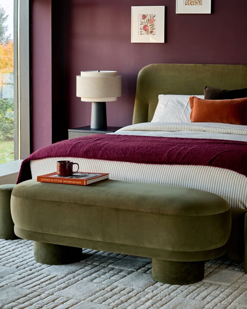 Dusk Deven olive green velvet bench Front