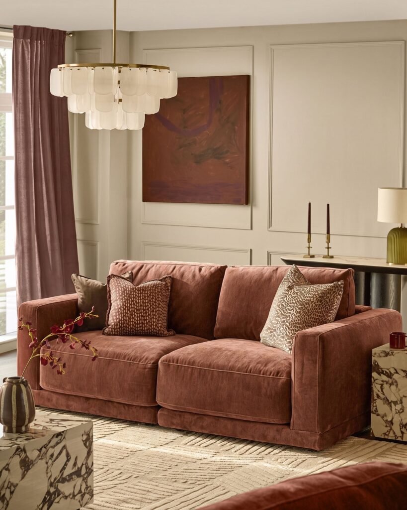 Eden apricot chenille Dusk Scotland 2 seater sofa Front