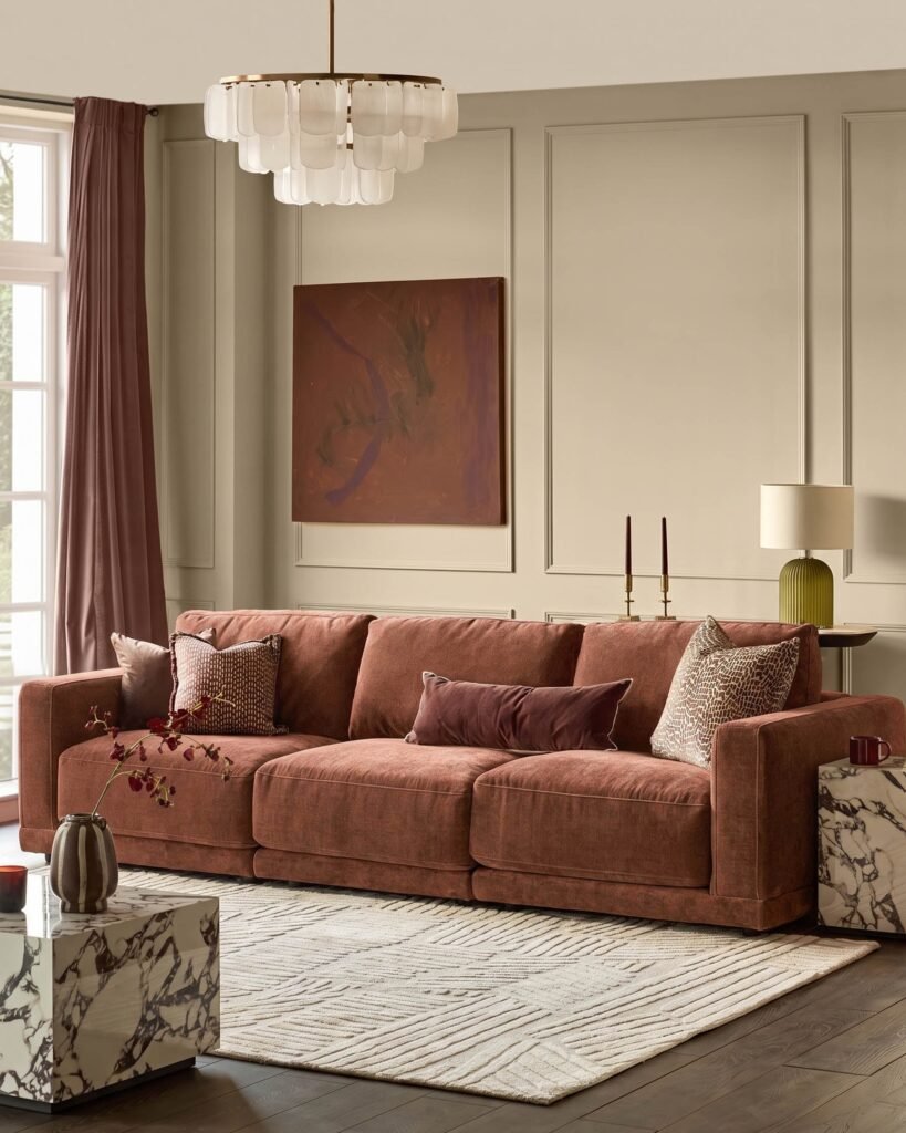 Eden apricot chenille 3 seater sofa – Dusk Scotland Front