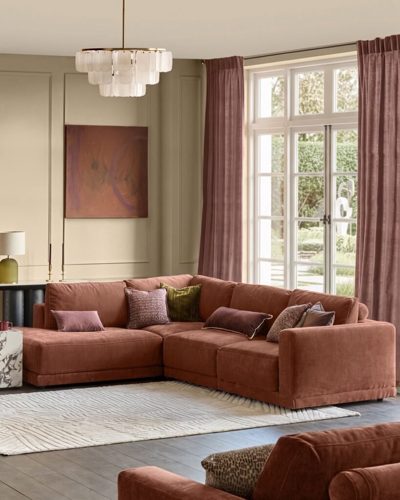Eden apricot chenille left hand large corner chaise sofa – Dusk Scotland Front