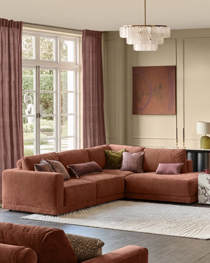 Dusk Scotland Eden apricot chenille right hand large corner chaise sofa Front