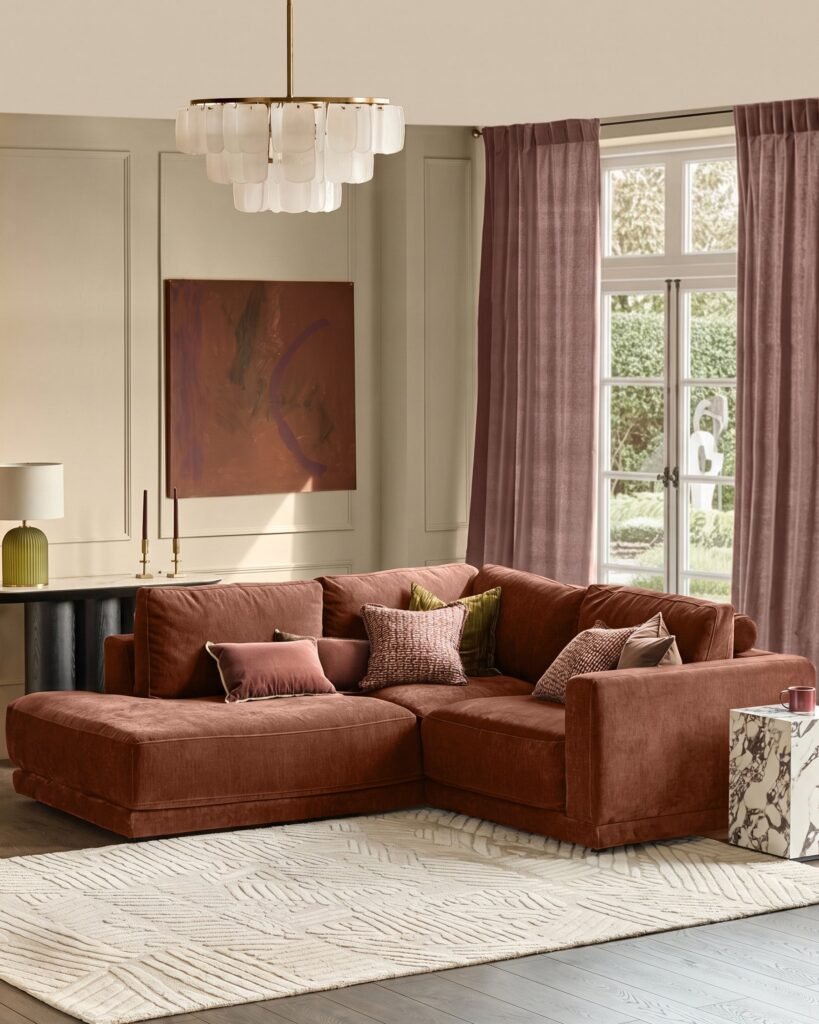 Dusk England Eden apricot chenille left hand small corner chaise sofa Front