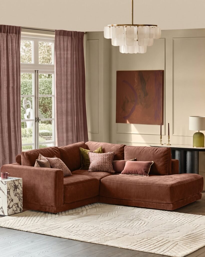 Dusk Eden apricot chenille right hand small corner chaise sofa Front