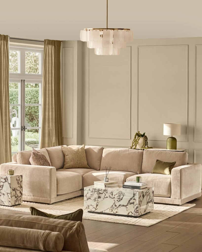 Eden champagne chenille small corner sofa – Dusk Scotland Front