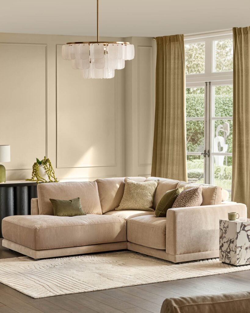 Eden champagne chenille left Dusk hand small chaise sofa Front