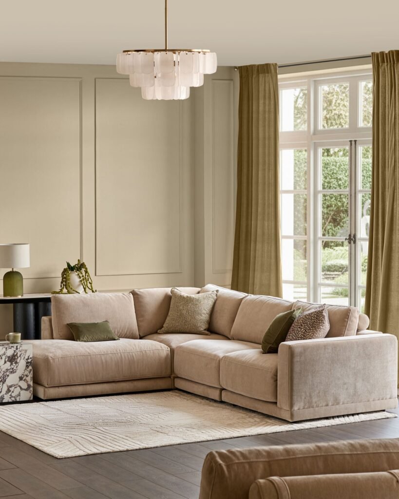 Eden champagne chenille left hand large chaise sofa – Dusk England Front
