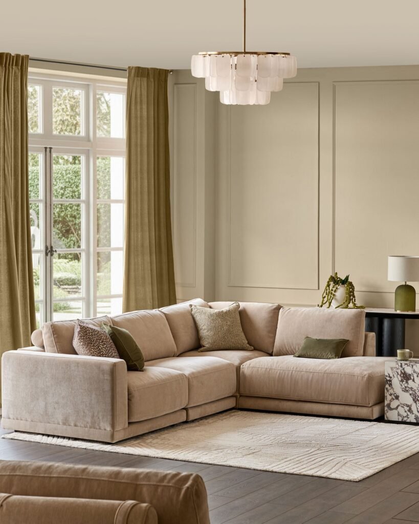 Eden champagne chenille right Dusk England hand large corner chaise sofa Front