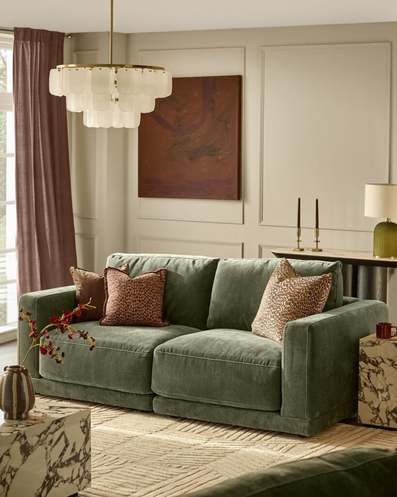 Eden dark green chenille 2 seater sofa – Dusk Scotland Front