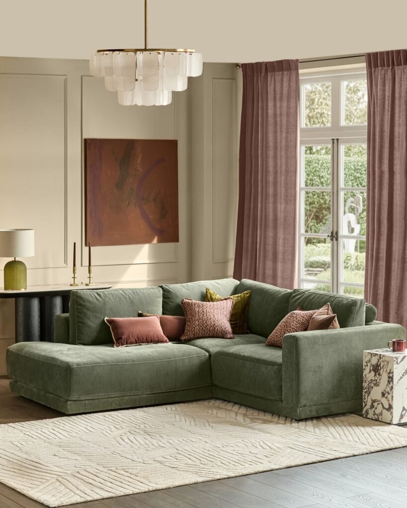 Eden dark green chenille left hand small corner chaise sofa – Dusk Front