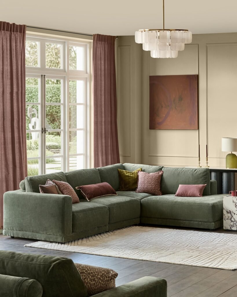 Dusk England Eden dark green chenille right hand large corner chaise sofa Front