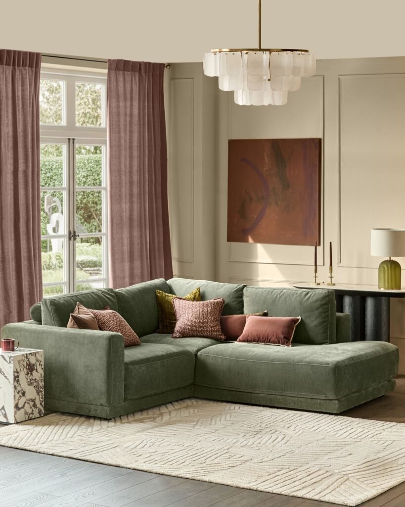Eden dark green chenille right hand small corner chaise sofa – Dusk Front