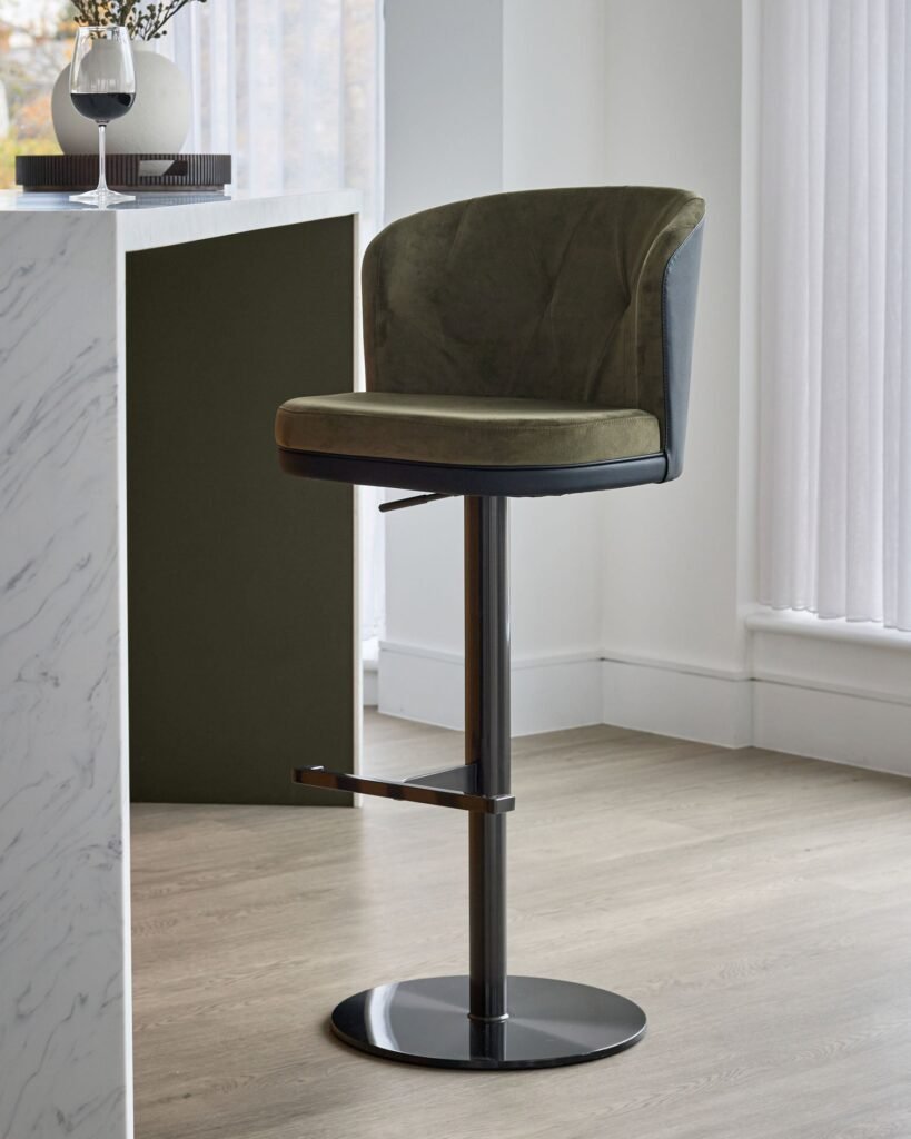 Elodie olive green velvet and black faux leather gas lift bar stool – Dusk Front