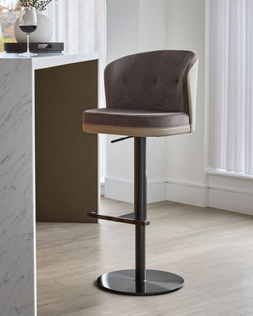 Elodie natural faux leather and Dusk England mocha velvet gas lift bar stool Front