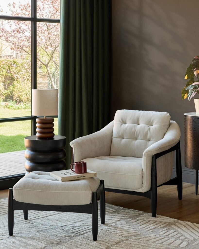 Ember natural grey chenille Dusk England occasional chair with footstool Front