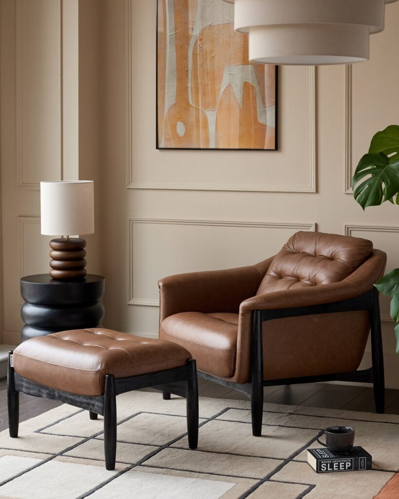 Ember tan leather occasional chair with footstool – Dusk England Front