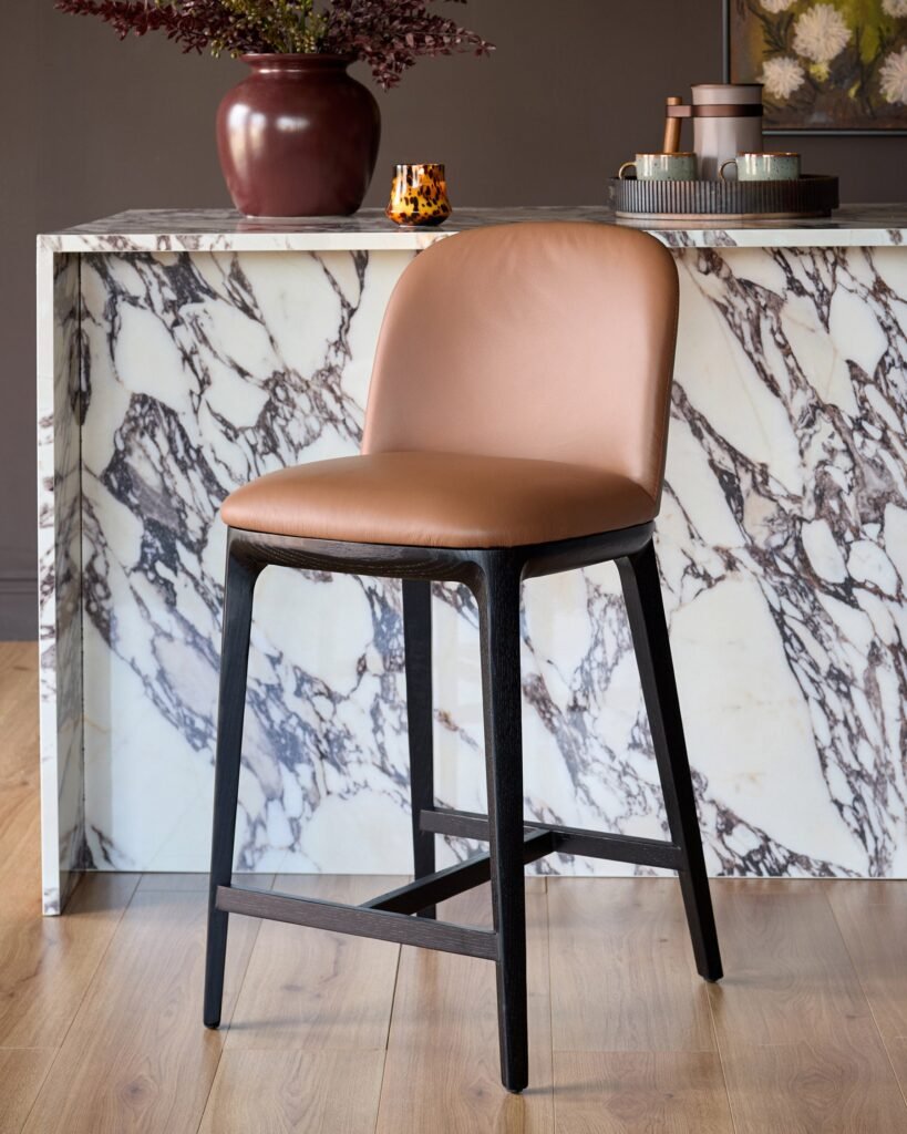 Emerson tan and mocha leather bar stool – Dusk Front