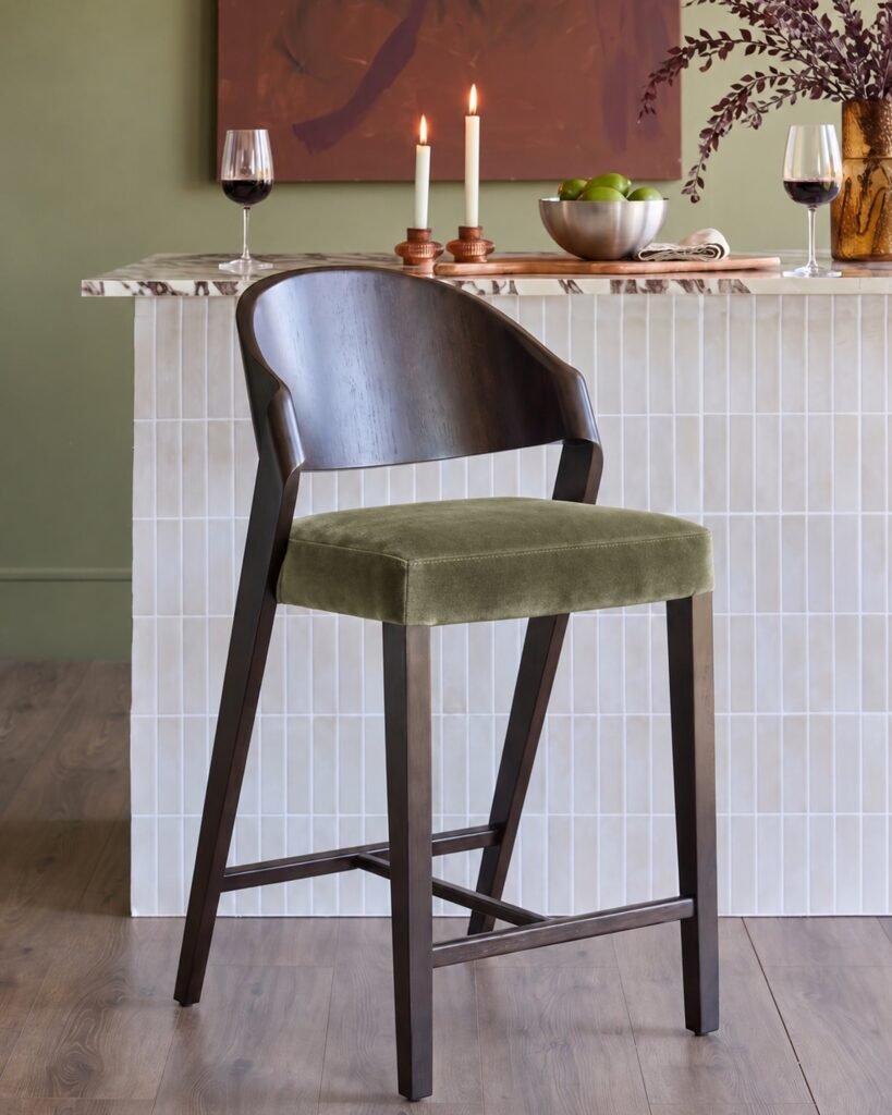 Dusk Enzo olive green velvet bar stool Front