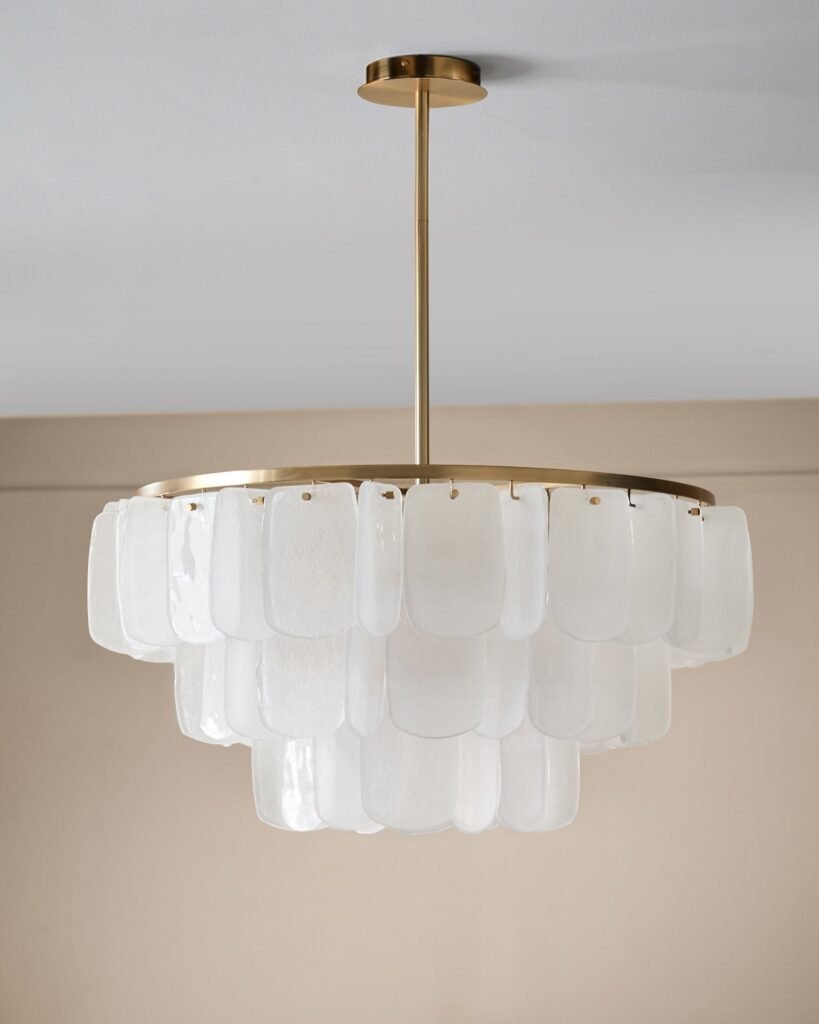 Estelle white glass brushed bronze chandelier light – Dusk England Front