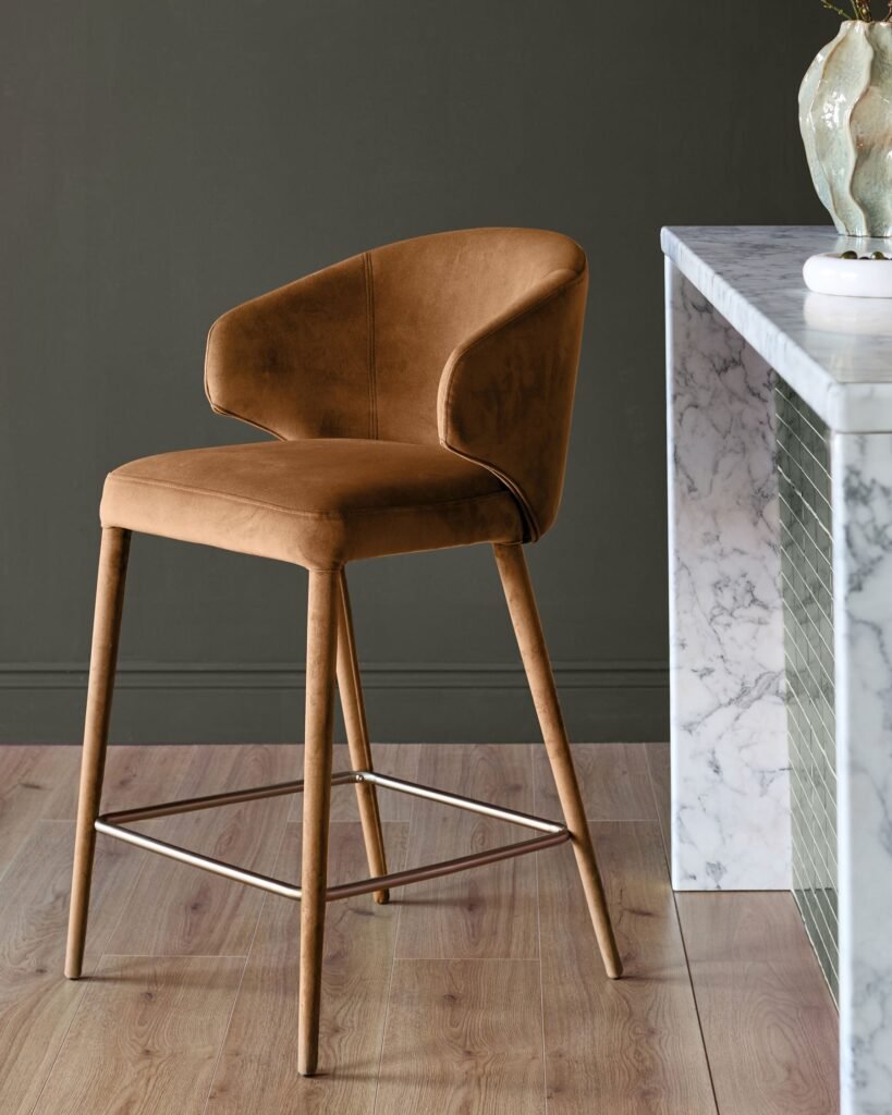 Ethan caramel fabric brushed bronze bar stool – Dusk Scotland Front