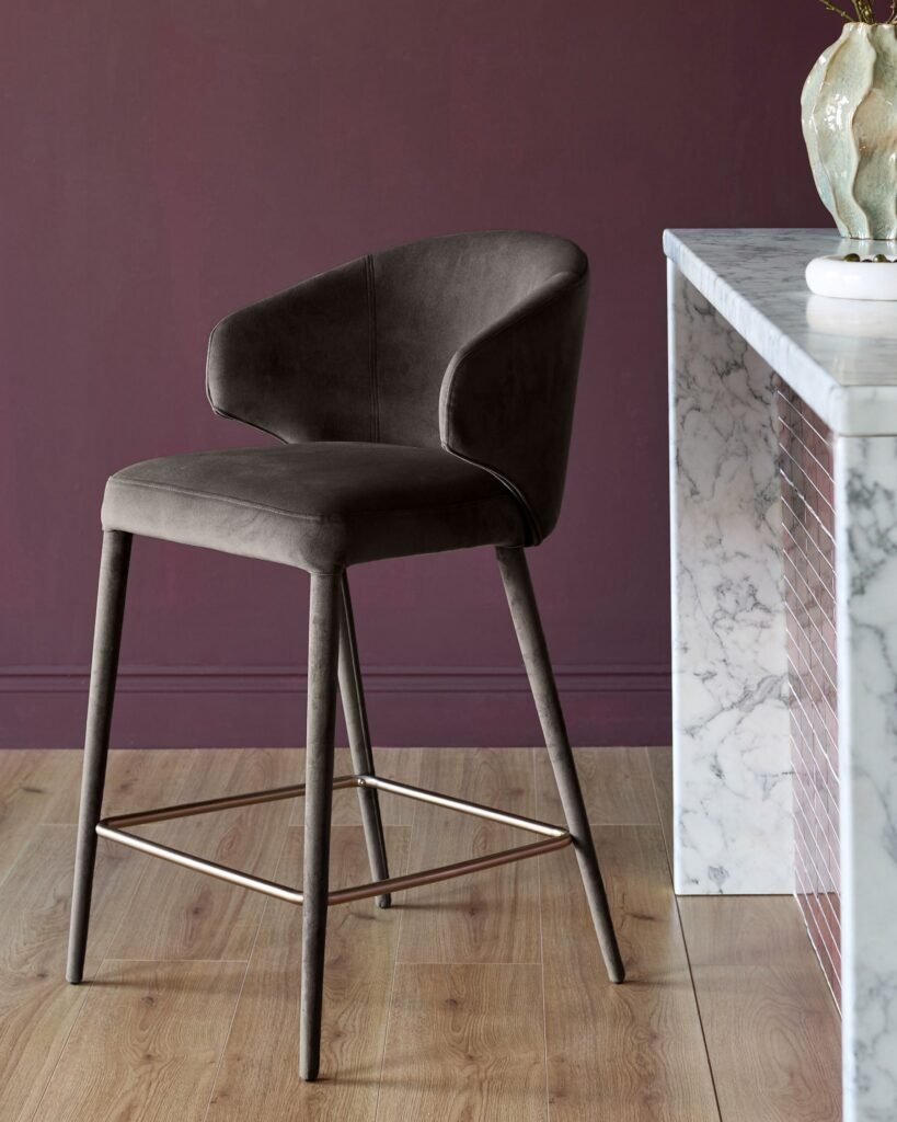Dusk England Ethan dark chocolate velvet brushed bronze bar stool Front