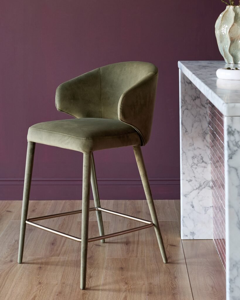 Ethan olive green velvet Dusk brushed bronze bar stool Front
