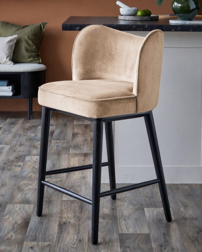 Evelyn champagne velvet bar stool – Dusk England Front