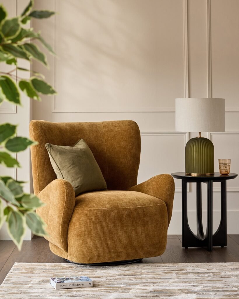 Evelyn ochre Dusk England chenille occasional chair Front
