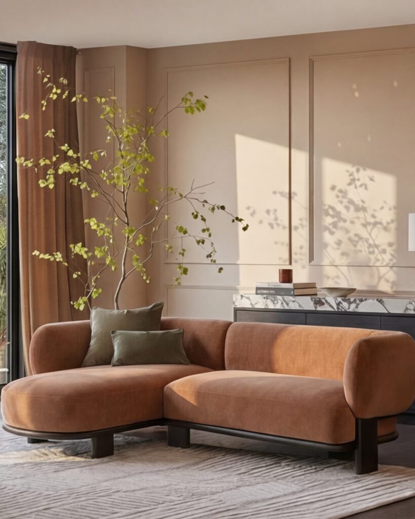 Dusk Scotland Florence apricot fabric with dark wood left hand facing chaise sofa Front