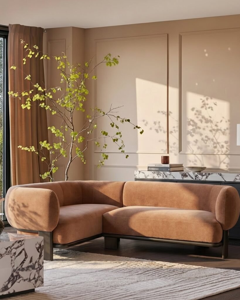 Dusk Scotland Florence apricot fabric with dark wood left hand facing small corner sofa Front