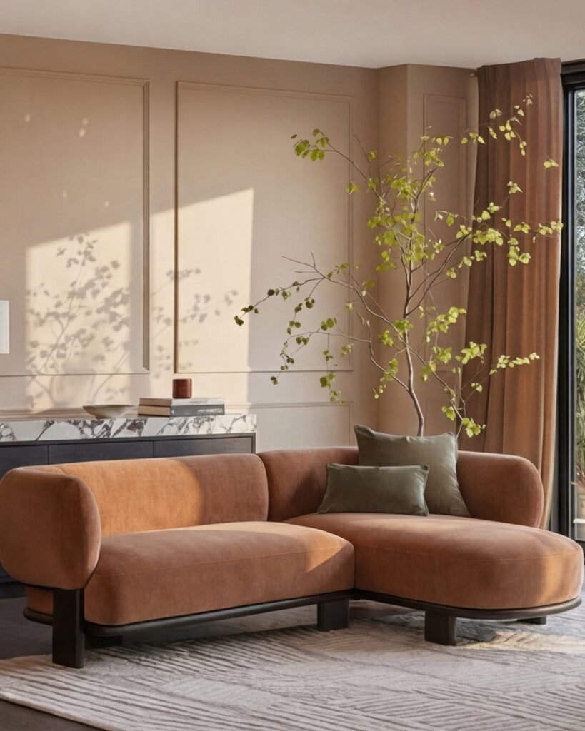 Florence apricot fabric with dark wood right hand facing chaise sofa – Dusk Scotland Front