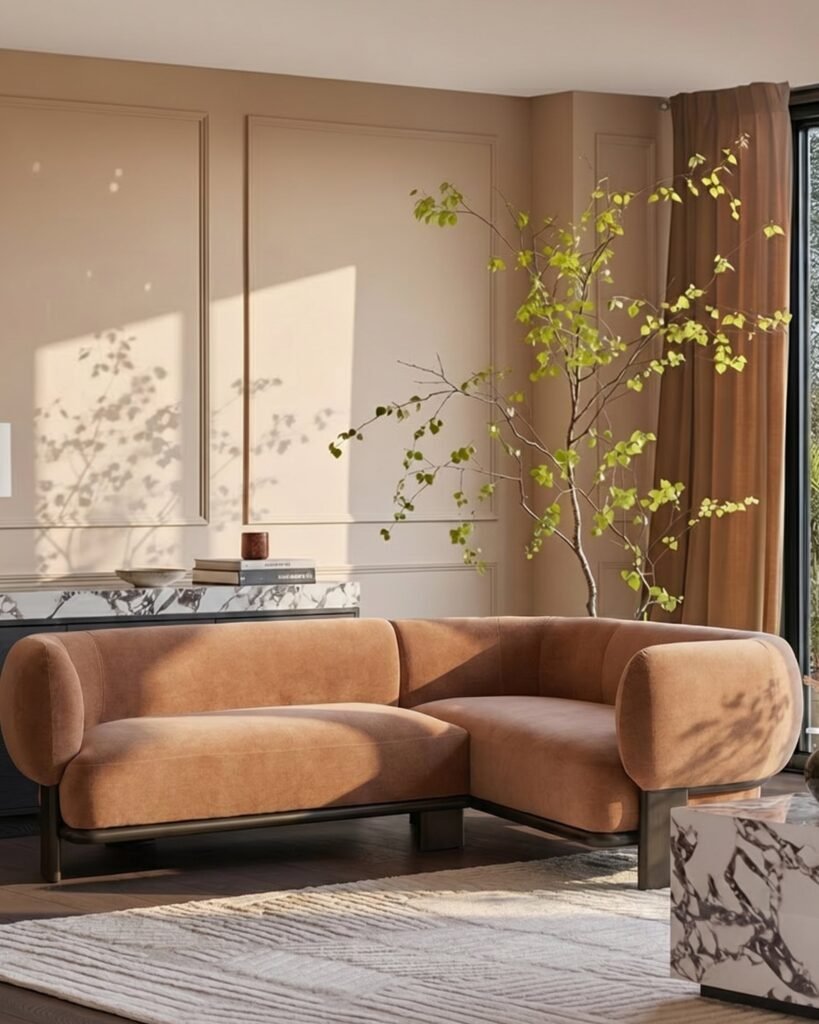 Florence apricot fabric with dark wood Dusk England right hand facing small corner sofa Front