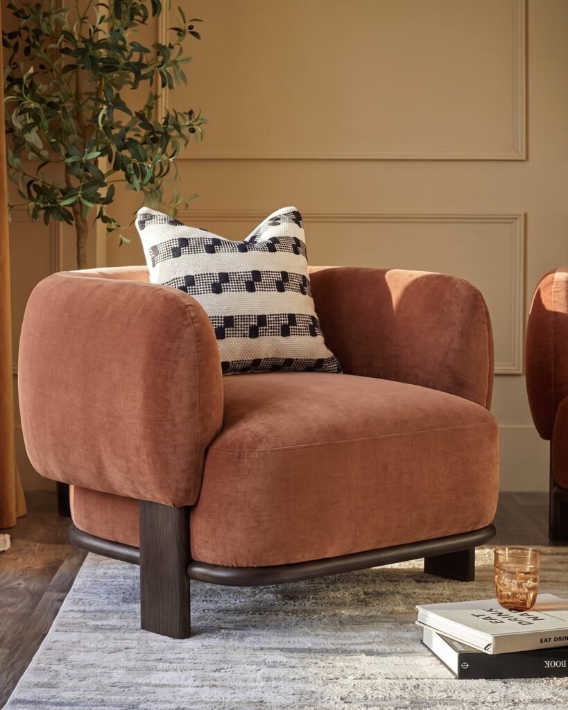 Florence apricot chenille Dusk Scotland dark wood armchair Front