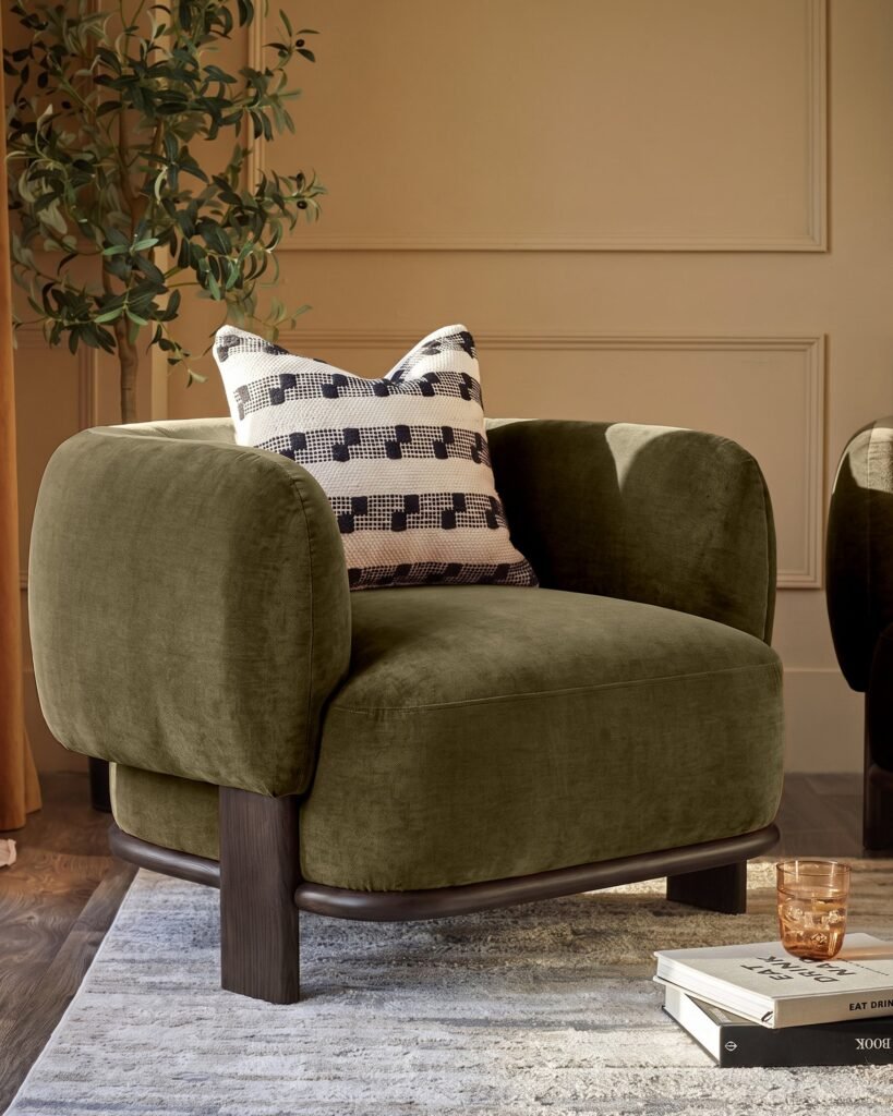 Florence olive green Dusk England chenille dark wood armchair Front