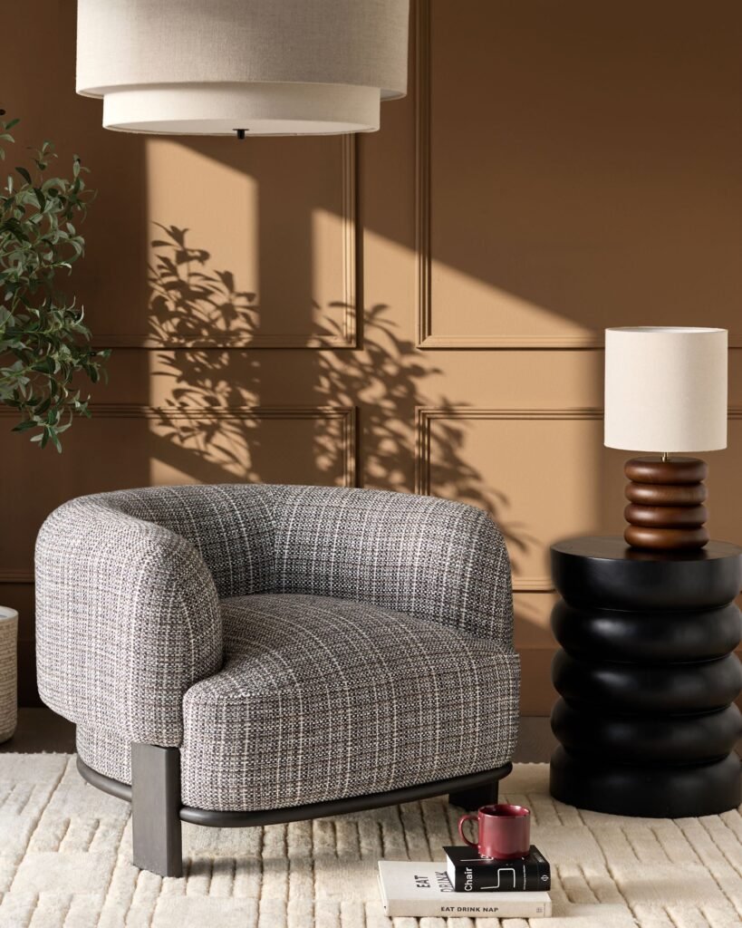 Florence dark chocolate fabric dark wood armchair – Dusk Front