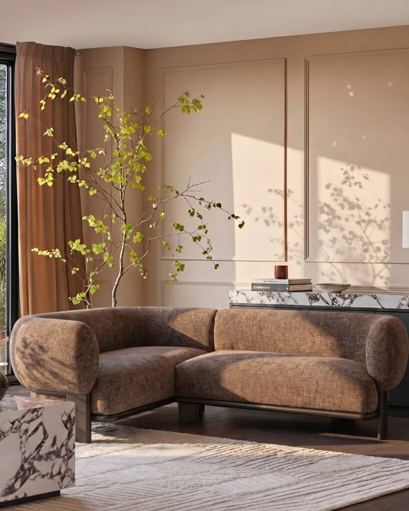 Dusk Florence mocha fabric with dark wood left hand facing small corner sofa Front