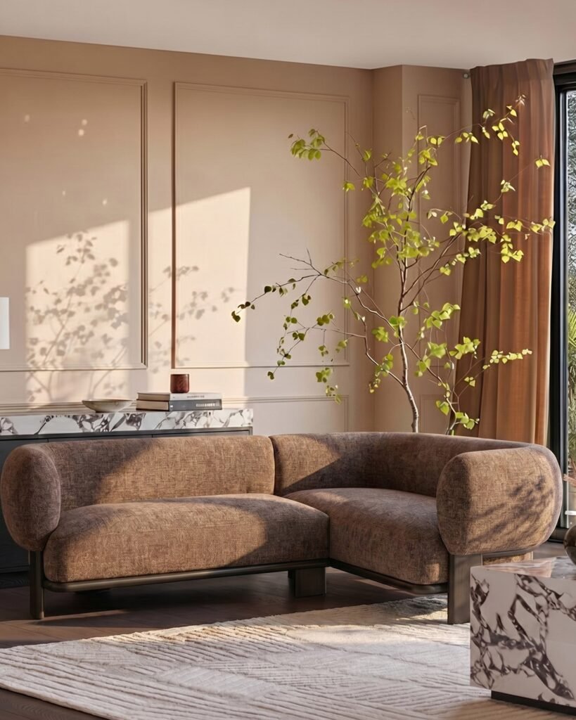 Dusk England Florence mocha fabric with dark wood right hand facing small corner sofa Front